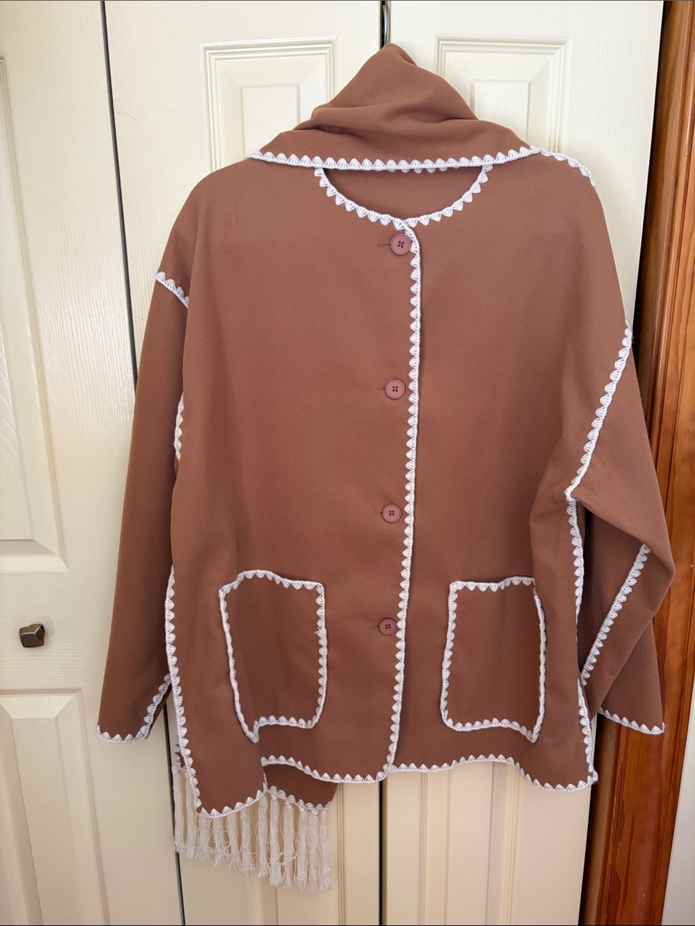 Brown Trimmed Women's Jacket with Scallop Detail/ Scarf